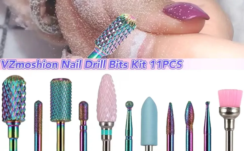 Nail Drill Bit Set Carbide Nail Drill Bits 11PCS Tungsten Ceramic Nail Bits Kit Acrylic Nail Drill Bit Set, Diamond Efile Nail Drill Bits Cuticle Poly Gel Nail Drill Bits, 3/32 Nail Drill Bit Set - 11pcs head