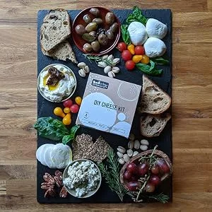 Mozzarella, Ricotta & Farmers' Cheese Kit - 4 Batches, Make Cheese in 1 Hour, Vegetarian, Gluten Free & Non-GMO - mozzarella ricotta cheese making gift kit by Urban Cheesecraft on platter with cheese