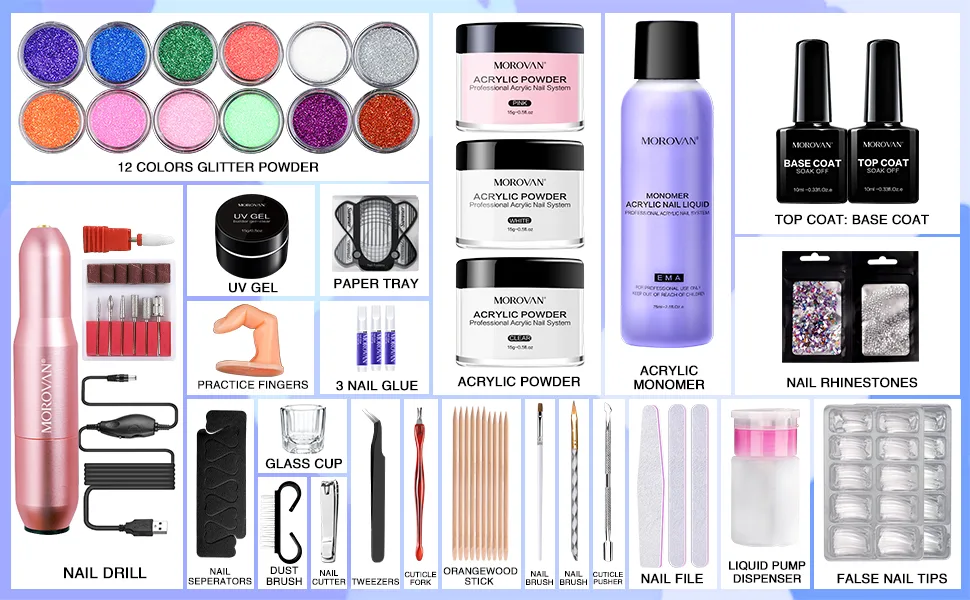 Morovan Acrylic Nail Kit with Drill - Professional Nail Kit Acrylic Set with Everything for Beginners Glitter Powders Brush Forms Starters DIY Nail Art Extension - acrylic nail kit