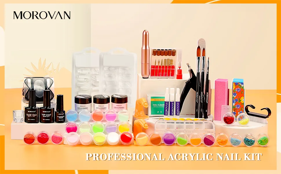 Morovan Acrylic Nail Kit with Drill - Professional Nail Kit Acrylic Set with Everything for Beginners Glitter Acrylic Powder for Nail Extension DIY Complete Starter Set Pink - acrylic nail kit with drill