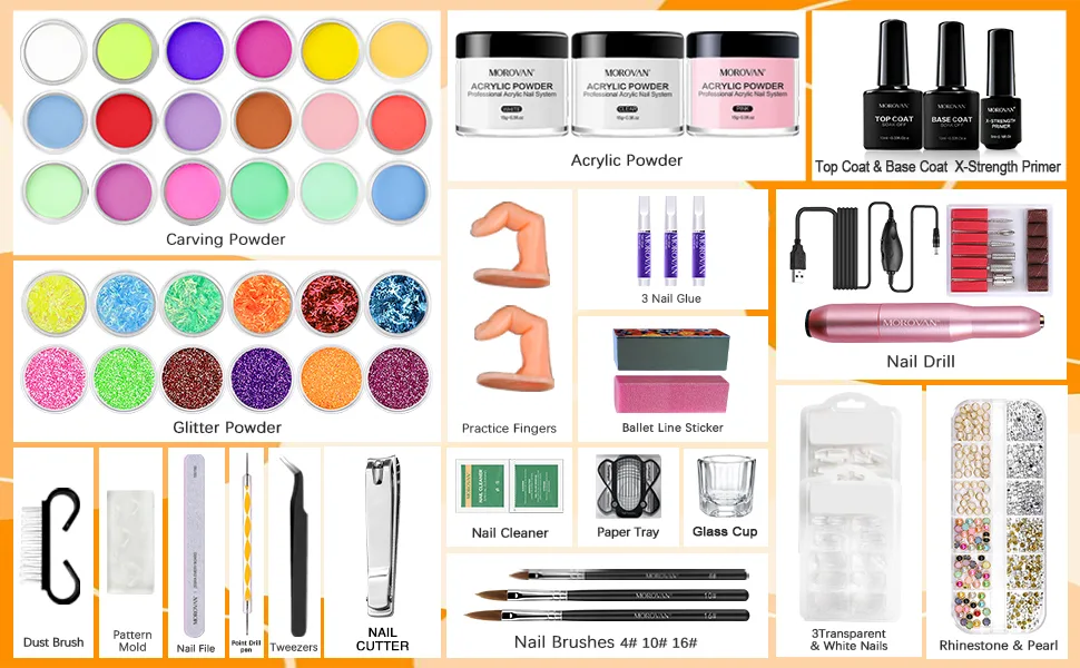 Morovan Acrylic Nail Kit with Drill - Professional Nail Kit Acrylic Set with Everything for Beginners Glitter Acrylic Powder for Nail Extension DIY Complete Starter Set Pink - acrylic nail kit with drill