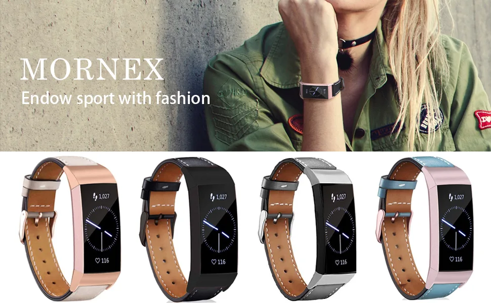 Mornex Leather Band Compatible for Fitbit Charge 3/ Charge 4, Replacement Genuine Leather Bands for Women Men 01.Graphite Connector & Brown - product information 2