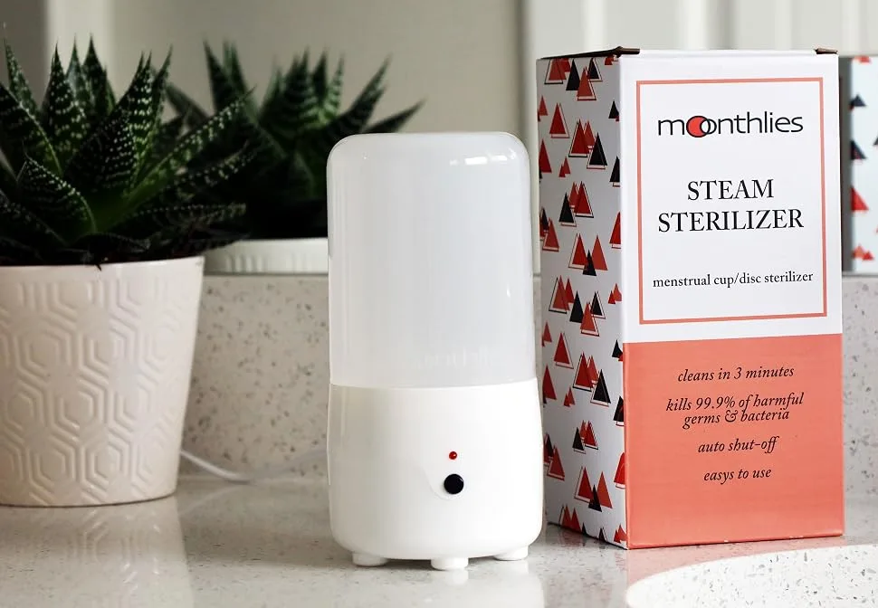 Moonthlies Menstrual Cup / Disc Steam Sterilizer Cleaner - Automatic Timing Steamer - Kill 99.9% of Germs on Your Period Cup / Disc - Sterile in just 3 Minutes - steamer on counter