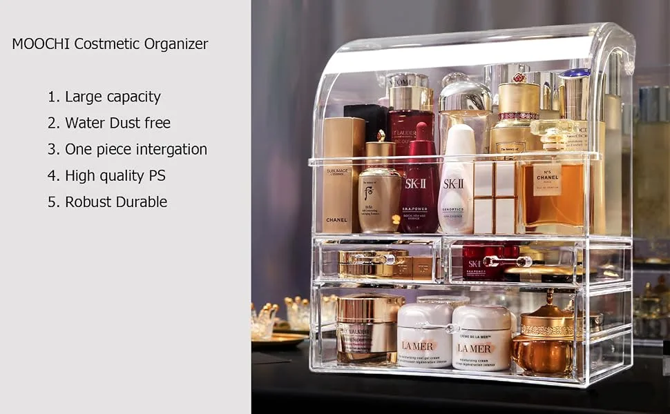 MOOCHI Professional Large Cosmetic Makeup Organizer Dust Water Proof Cosmetics Storage Display Case with Drawers XL(11.8"W x 6.9"D x 14"H) Clear - 5072