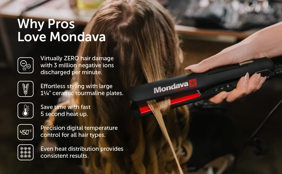 MONDAVA Professional Ceramic Tourmaline Flat Iron Hair Straightener - Dual Voltage Adjustable Digital Technology, Straighten & Style Wild Hair Under 8 Min (Classic) CLASSIC Ionic - product information 7