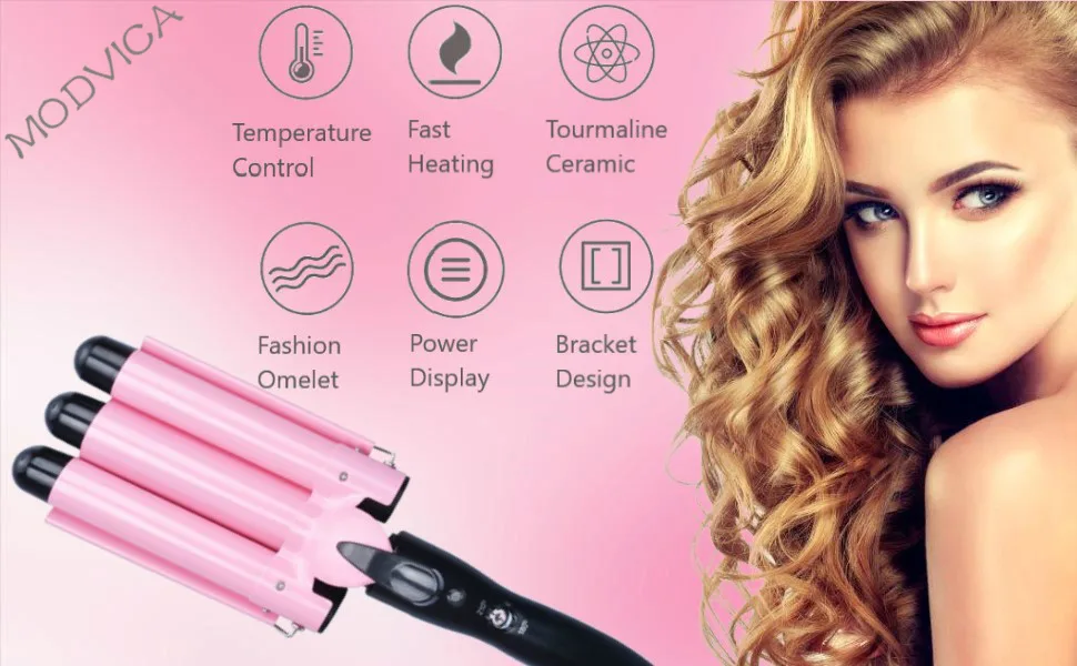 MODVICA 3 Barrel Curling Iron Wand 26mm Hair Waver Temperature Adjustable Ceramic Hair Curling Iron (Pink) 25mm - product information 1