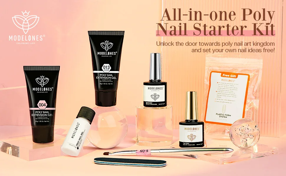 Modelones Poly Nail Gel Kit 30ml 2PCS With Slip Solution Extension Builder Enhancement Professional Starter Kit All-in-One Nail Technician French Kit A1-Nude - modelones polygel nail kit