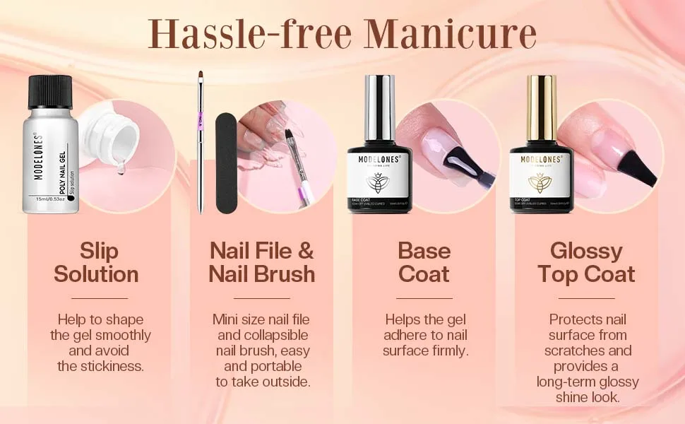Modelones Poly Nail Gel Kit 30ml 2PCS With Slip Solution Extension Builder Enhancement Professional Starter Kit All-in-One Nail Technician French Kit A1-Nude - poly extension gel nail kit