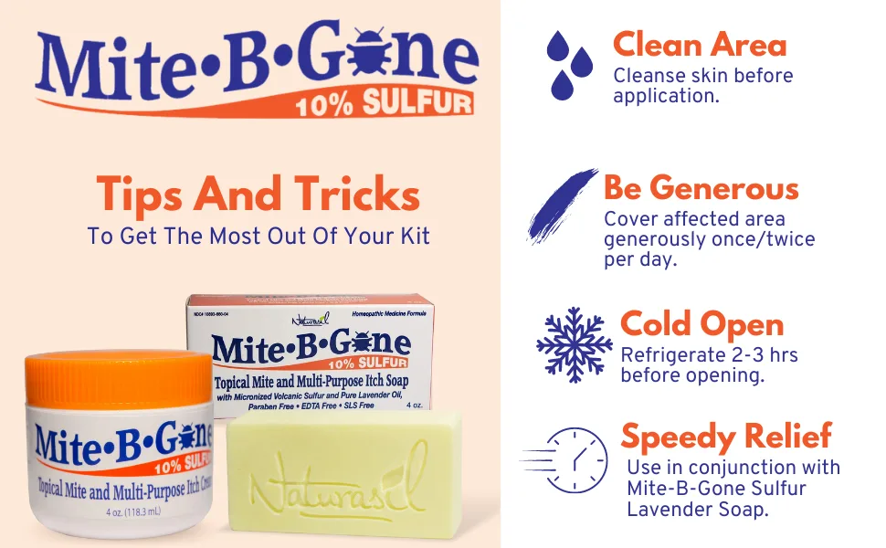 Mite-B-Gone 10% Sulfur Cream (4oz) + Multi-Purpose Itch Soap (2 Bars / 4 oz per bar) - Itch Relief for Insect Bites, Acne, Itching and Redness - Mite B Gone Kit Specs