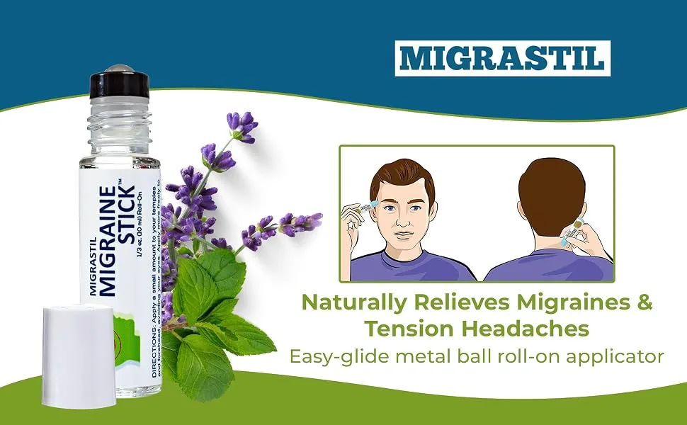 Migrastil Migraine Stick  Headache Relief Rollon - Fast Cooling Relief for Migraine & Tension Headaches. Aromatherapy with Peppermint & Other Essential Oils. Metal Roller. Made in USA by Basic Vigor - Migrastil Migraine Stick