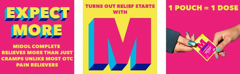 Midol Complete Caplets with Acetaminophen for Menstrual Symptom Relief - 50 Count (25 Pouches of 2 Caplets), On The Go Menstrual Pain Relief - midol complete