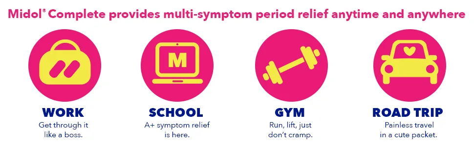 Midol Complete Caplets with Acetaminophen for Menstrual Symptom Relief - 50 Count (25 Pouches of 2 Caplets), On The Go Menstrual Pain Relief - Multi-symptom period relief anytime and anywhere