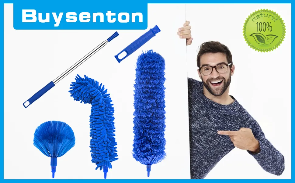 Microfiber Duster, Feather Duster with 100 Inch Telescoping Extension Pole, Reusable Bendable Dusters, Washable Lightweight Dusters for Ceilings Fans 2022 Upgrade Blue - product information 1