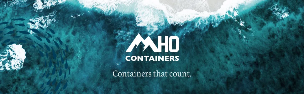 MHO Containers | Empty Clear Travel Refillable Flip-Top Bottles - BPA/No Parabens, 60millileter/2ounce - Set of 6 - MHO Container brand logo overlay on an ocean backdrop with a slogan,