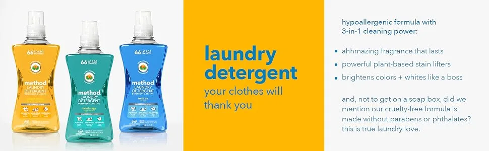 Method Liquid Laundry Detergent, Hypoallergenic + Biodegradable Formula, Plant-Based Stain Remover, Lavender + Cypress Scent, 1.5 Liter Bottle, 1 Pack (66 Total Loads), Packaging May Vary Lavender + Cypress 53.5 Fl Oz (Pac - laundry detergent, liquid detergent