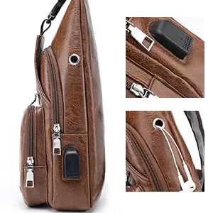 Men's Leather Sling Bag,Chest Shoulder Daypack Waterproof Crossbody Bag with USB Black - shoulder bag