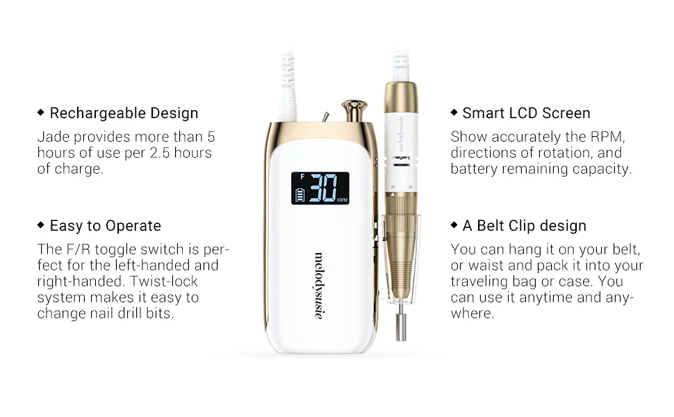 MelodySusie Nail Drill Machine, Electric Nail File Professional For Acrylic Nail, Rechargeable Cordless Portable E File 6 Nail Drill Bit Set - S5 Jade - Electric Nail File