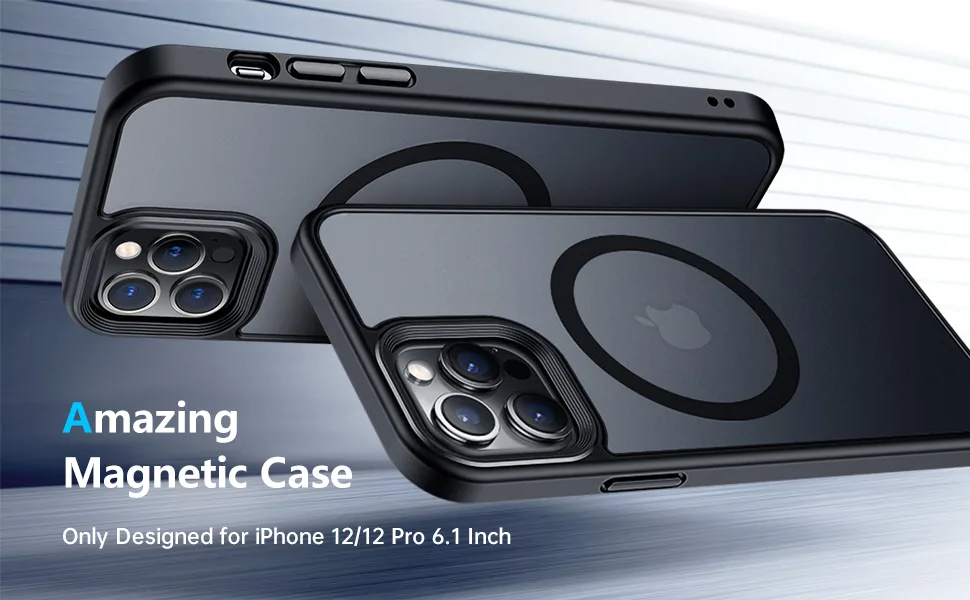 Meifigno Magnetic Case Designed for iPhone 12/iPhone 12 Pro Case 6.1 Inch, Military Grade Protection & Compatible with MagSafe, Translucent Matte Back with Soft Silicone Edge, Black - product information 6