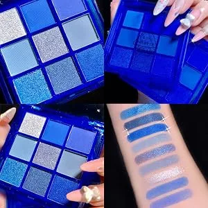 MEICOLY Blue Eyeshadow Palette 9 Colors Matte Glitter Eyeshadow Palette Metallic Silver Bright Waterproof Pressed Shimmer Pigmented Eye Shadow,Blue - Blue Eyeshadow Palette