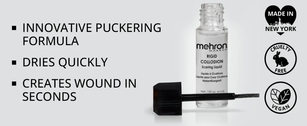 Mehron Makeup Rigid Collodion with Brush for Special Effects, Halloween, Movies (.125 oz) - Rigid Collodion product feature detail banner