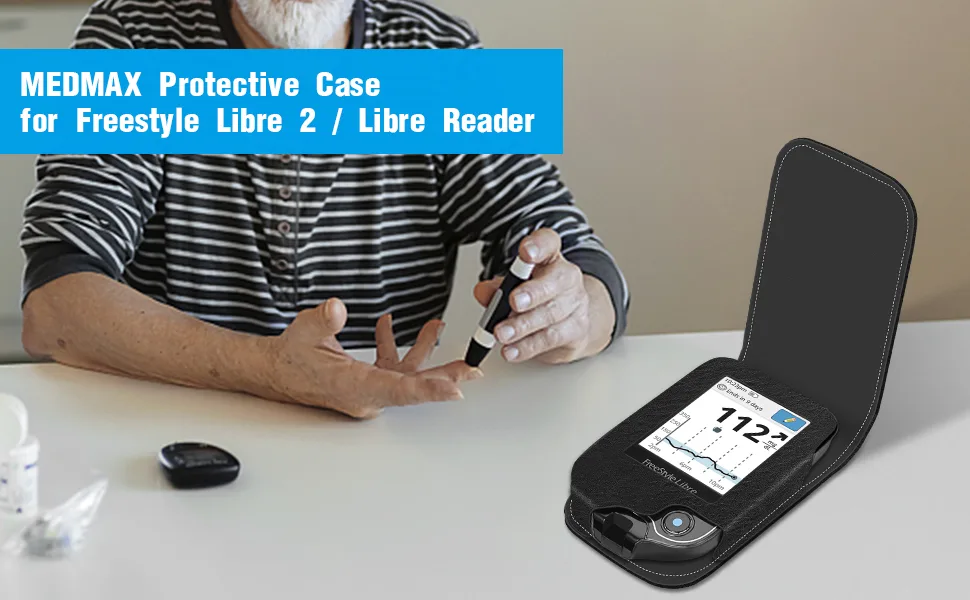 MEDMAX PU Leather Protective Case for Freestyle Libre 2 / Libre Reader, Lightweight Shockproof Diabetic Storage Carrying Case with Carabiner Clip and Handle (Black) - Protective Case for Freestyle Libre 2 / Libre Reader