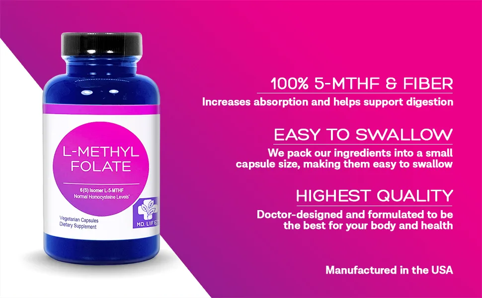 MD. Life L-Methylfolate 1 mg - Active Folate 1 Mthfr Support Supplement Professional Strength Methyl Folate - Immune Support, Essential Amino Acids & Brain Supplement- 90 Vegan Capsules 90 Count (Pack of 1) - folic acid technology suitable for vegetarians jarrow suports brain memory cardiovascular health