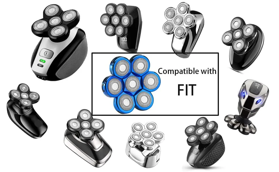 MAWAER Upgrade Version Blue 7D Head Shaver Replacement Head Blades for Freedom Groom*** AidallsWel and Most mainstream brands Head Shaver Electric Shaver Replacement Head (7 Blue) - Blue Head Shaver replacement head 7 Blades