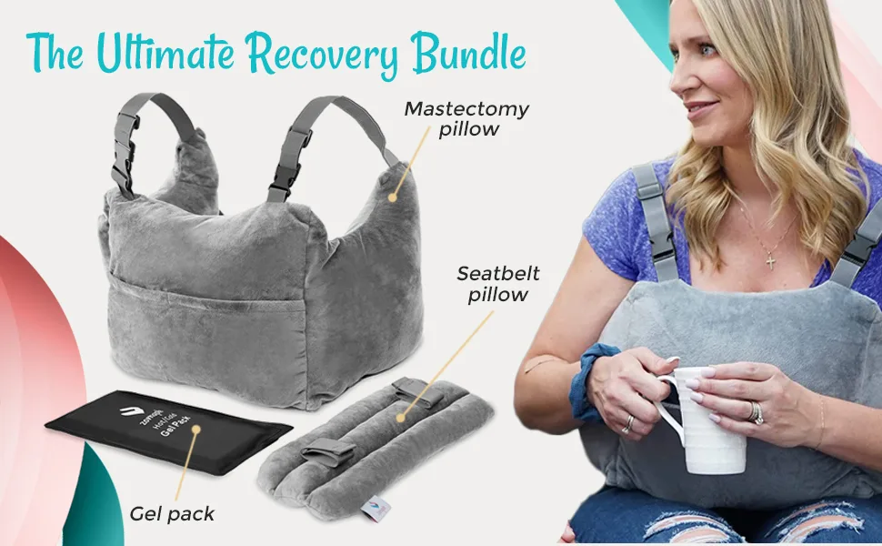 Mastectomy Pillow - Post Surgery Pillow, Breast Pillow for After Heart Surgery Recovery, Double Mastectomy, Breast Reduction & Augmentation Patients - Car Seatbelt Cover & Gel Pack Bundle Grey With Strap - seat belt and mastectomy pillow