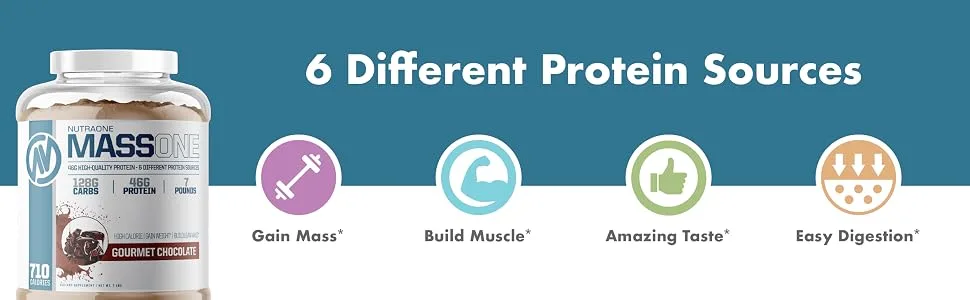 Massone Mass Gainer Protein Powder by NutraOne  Gain Weight Protein Meal Replacement (Gourmet Chocolate - 7 lbs.) - 6 Different Protein Sources Gain Mass Build Muscle Amazing Taste Easy Difestion