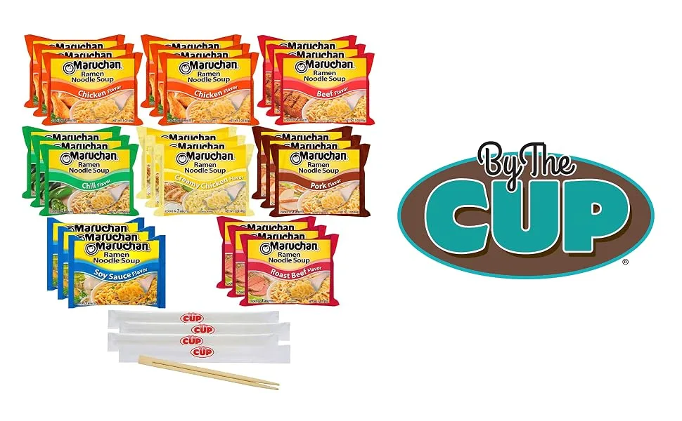 Maruchan Ramen Noodle Soup Variety, 7 Flavors, 3 Ounce Single Servings (Pack of 24) with By The Cup Chopsticks - header