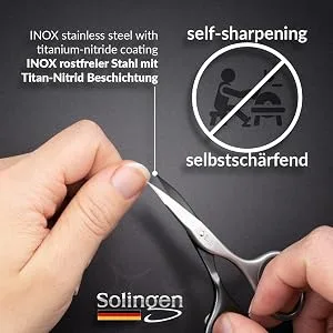 marQus Solingen INOX Titanium self sharpening Nail and Cuticle Scissors, fine, curved and sharp in handy case Precision Scissors, Nail Scissors Germany - Pedicure Beauty Grooming Kit for Nail, Eyebrow - marqus inox titan nitride scissors self sharpening made in germany solingen