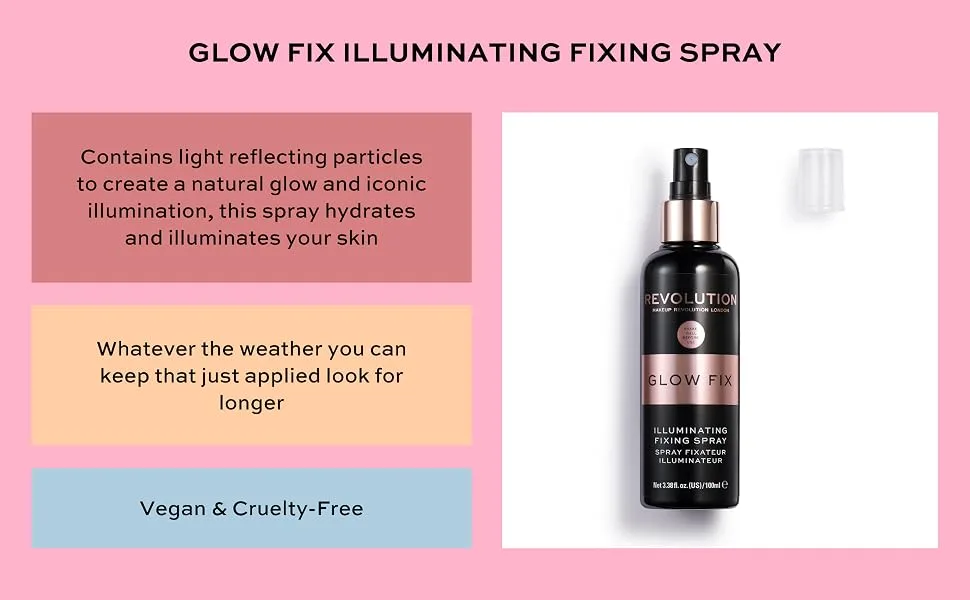Makeup Revolution Setting Spray, Glow Fix Illuminating Fixing Spray, Gives A Dewy Finish, Vegan & Cruelty-Free, 3.38fl.oz/100ml - Glow Fix Illuminating Fixing Spray