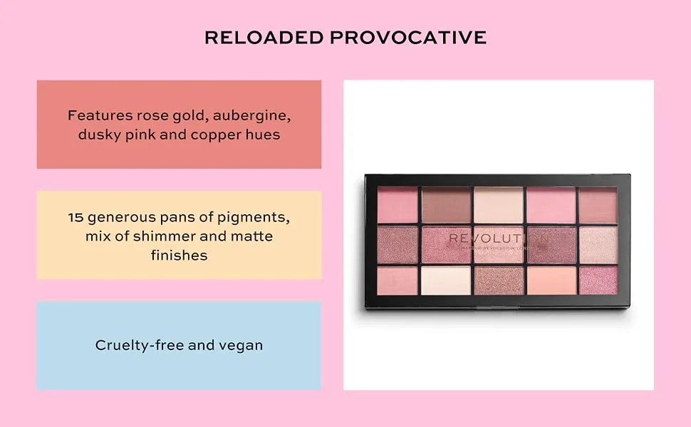 Makeup Revolution Reloaded Palette, Makeup Eyeshadow Palette, Includes 15 Shades, Lasts All Day Long, Vegan & Cruelty Free, Provocative, 16.5g - Revolution beauty reloaded provocative eyeshadow palette cruelty free and vegan