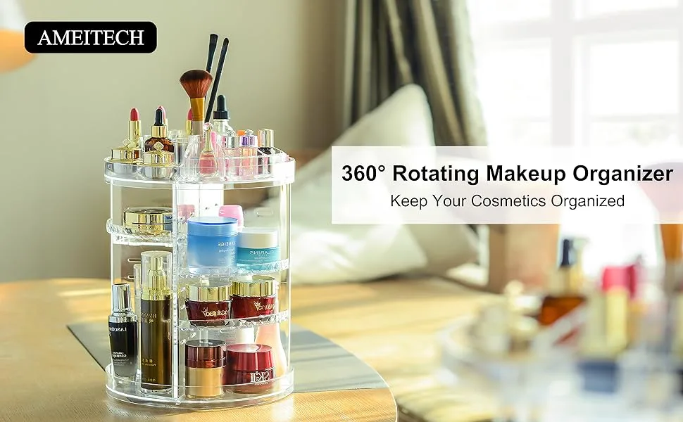 Makeup Organizer, 360 Degree Rotating Adjustable Cosmetic Storage Display Case with 8 Layers Large Capacity, Fits Jewelry, Makeup Brushes, Lipsticks and More, Clear Transparent - AMEITECH makeup organizer