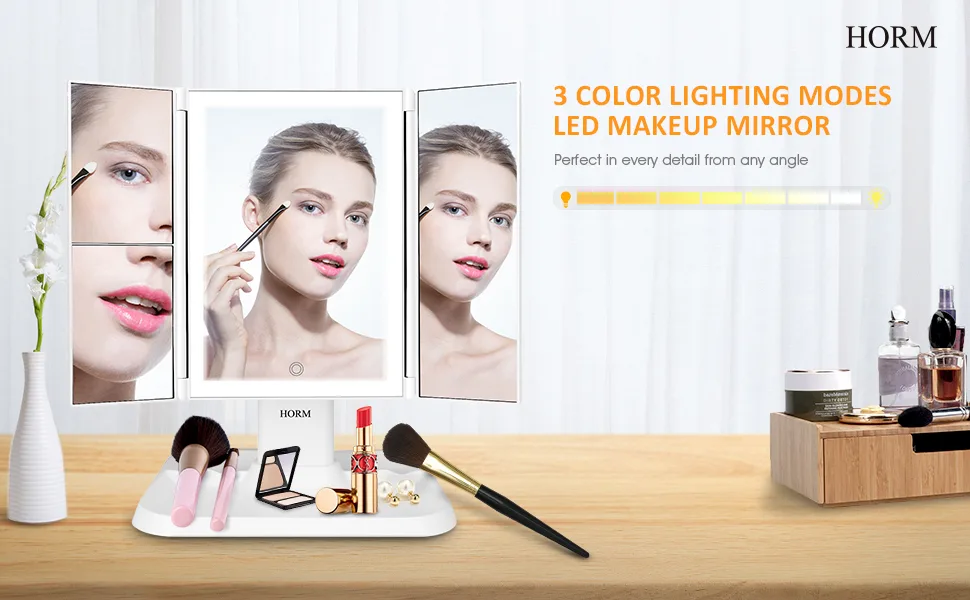 Makeup Mirror Vanity Mirror with Lights - 3 Color Lighting Modes 72 LED Trifold Mirror, 1x/2x/3x Magnification, Touch Control Design, Portable High Definition Cosmetic Lighted Up Mirror White - product information 1