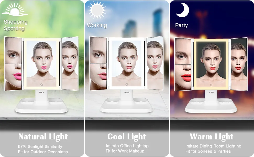 Makeup Mirror Vanity Mirror with Lights - 3 Color Lighting Modes 72 LED Trifold Mirror, 1x/2x/3x Magnification, Touch Control Design, Portable High Definition Cosmetic Lighted Up Mirror White - makeup mirror
