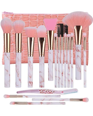 Makeup Brushes DUAIU 16Pcs Premium Synthetic Eyeshadow brushes Eyebrow Eyeliner Blending Marble Handle Brushes sets with Pink Cosmetic Bag Eyebrow Tweezers Nose Scissors - 16 pcs makeup brushes