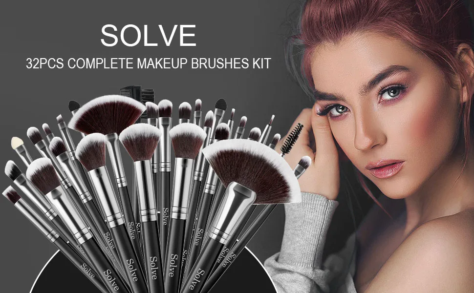 Makeup Brush Set, SOLVE 32 Pieces Professional Makeup Brushes Wooden Handle Cosmetics Brushes Foundation Concealer Powder Face Eye Make up Brushes Kit, Black - makeup brush set