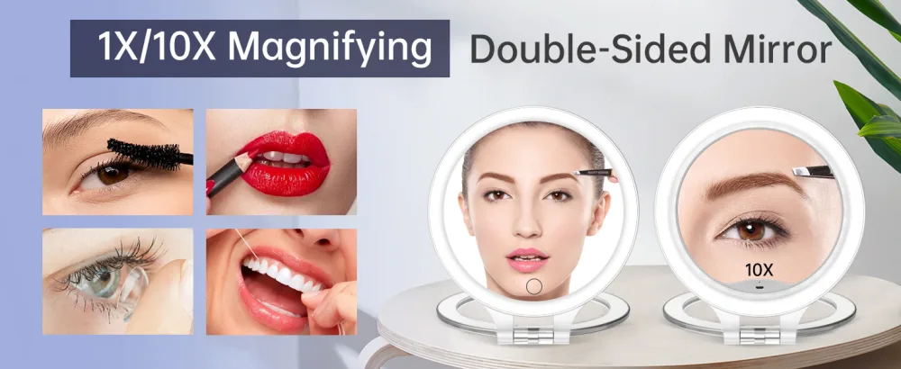 Magnifying Mirror 10X 1X Double Sided Magnification Makeup Vanity Mirror Rechargeable Lighted Mirror with 3 Color Setting Adjustable Rotation LED Vanity Desk Mirror White(Not Include Bag) - Magnifying Mirror 10X 1X Double Sided Magnification Makeup Vanity Mirror