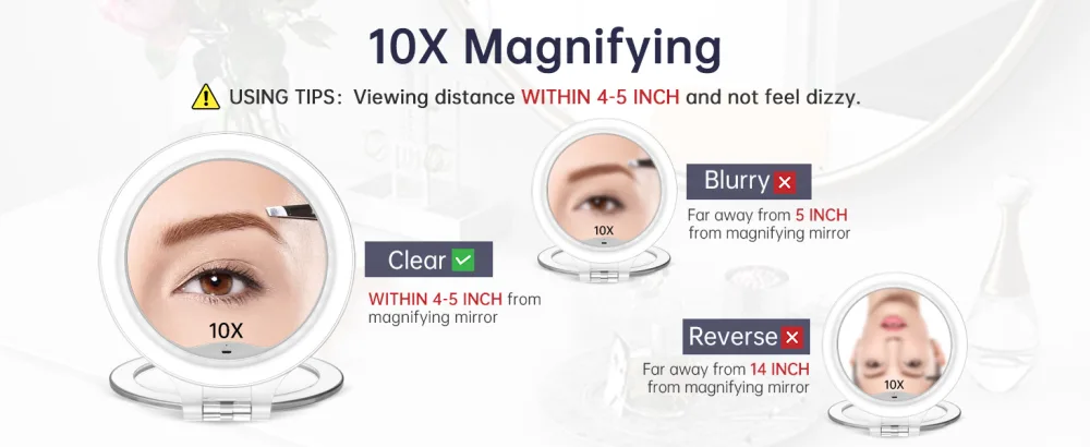 Magnifying Mirror 10X 1X Double Sided Magnification Makeup Vanity Mirror Rechargeable Lighted Mirror with 3 Color Setting Adjustable Rotation LED Vanity Desk Mirror White(Not Include Bag) - Magnifying Mirror 10X 1X Double Sided Magnification Makeup Vanity Mirror