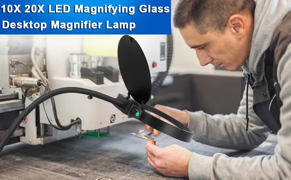 Magnifying Glass with Light and Stand, 10X 20X Magnifying Desk Lamp with Brightness Stepless Dimmable , Adjustable Gooseneck for Reading, Close Work, Hobbies - magnifying glass with light and stand