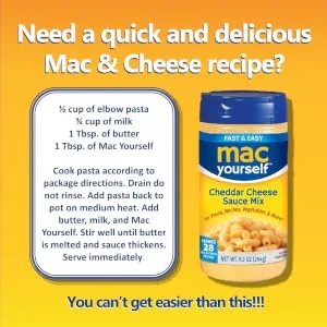 Mac Yourself | Delicious Cheddar Cheese Sauce Mix | Perfect Cheese Powder for Macaroni, Nachos, Veggies and More | 9.3 oz - Need a quick and delicious Mac and Cheese recipe? You cant get easier than this!