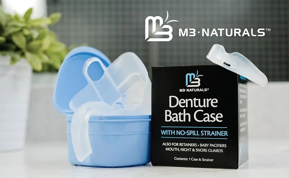 M3 Naturals Denture Bath Case | Retainer Case, Denture Case, Denture Cleaner Cup | Stain, Odor, Cleaning Kit with Strainer | Spill-Free Portable Retainer Cleaner Case - denture bath case