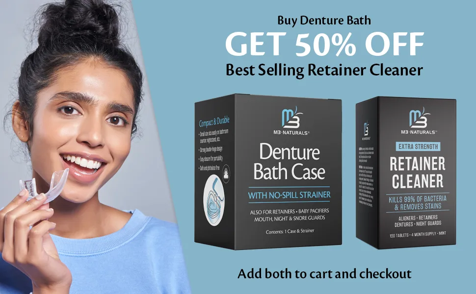 M3 Naturals Denture Bath Case | Retainer Case, Denture Case, Denture Cleaner Cup | Stain, Odor, Cleaning Kit with Strainer | Spill-Free Portable Retainer Cleaner Case - Denture Bath Denture cup denture cup and retainer cleaner denture travel case
