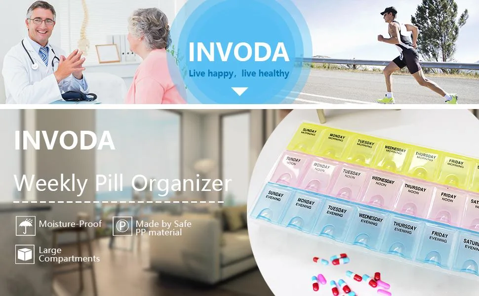 INVODA 2PCS Pill Case 7 Day Weekly Pill Box with Medication Reminder Pill Organizer - Morning Noon Evening Daily 21 Detachable Compartments (3x7) - Vitamin Box Pill Organizer Large once a day Medicine Pill Box Pill Holder Pill Containers