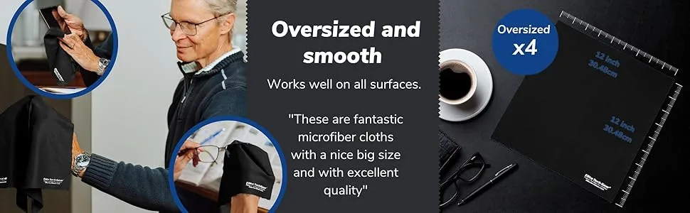 Elite Tech Gear Microfiber Cleaning Cloth for Glasses- 4-Pack 12" x 12"- Durable Oversized Glasses Cleaning Cloth- Eyeglass Cleaning Wipes for Lenses Electronics- High Tech Quality Material (Black) Black 4-Pack OVERSIZED - ETG 4-pack