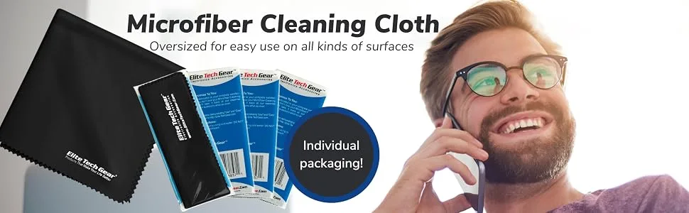 Elite Tech Gear Microfiber Cleaning Cloth for Glasses- 4-Pack 12" x 12"- Durable Oversized Glasses Cleaning Cloth- Eyeglass Cleaning Wipes for Lenses Electronics- High Tech Quality Material (Black) Black 4-Pack OVERSIZED - Header ETG