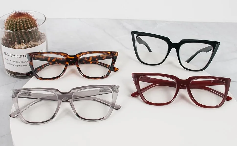 KoKoBin 4 pack Oversize Cat Eye Reading Glasses for women Blue Light Blocking Spring Hinge (Black&Red&Grey&Leopard 1.25) Black&red&white&leopard 1.25 x - cat eyes