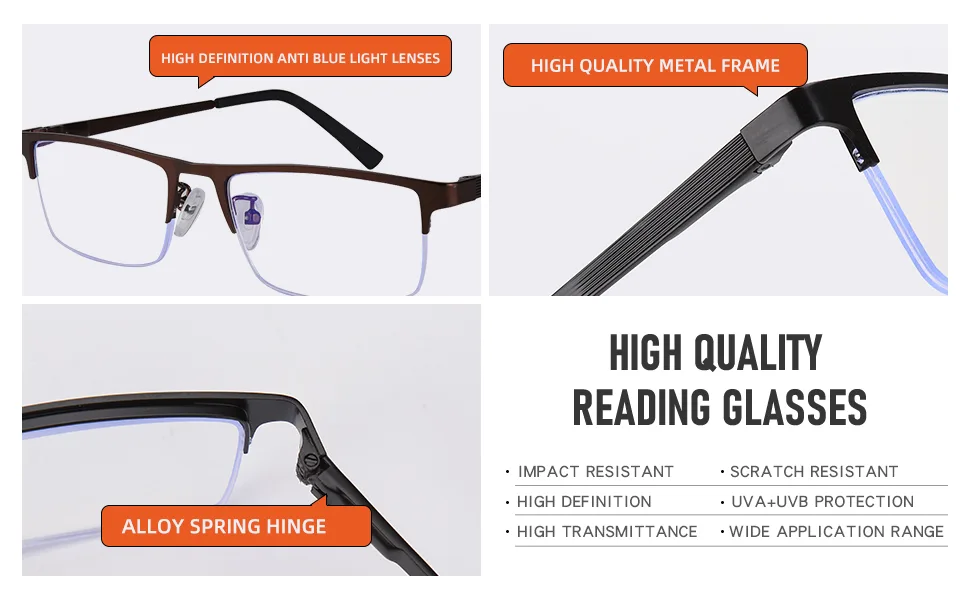 3-Pack Reading Glasses for Men Lightweight Metal Half Frame Blue Light Blocking Computer Readers Stylish Filter UV Ray/Computer Glare with Spring Hinge Eyeglasses(3PCS Black +1.0) 3 Pack(black) 1.0 x - reading glasses