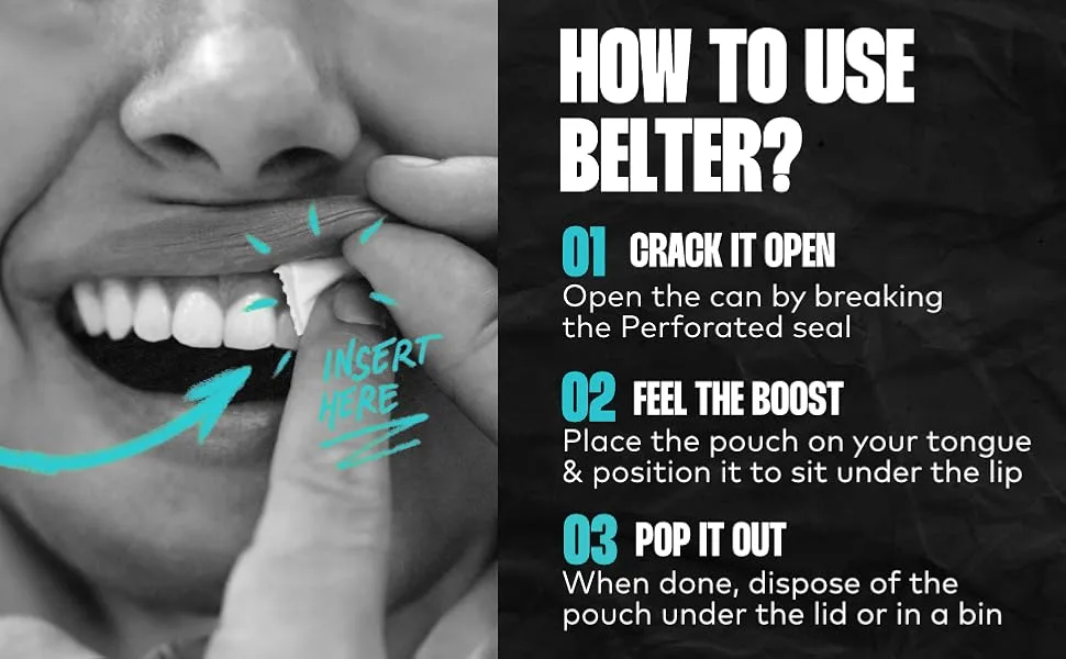 BELTER - Fresh Mint - Caffeine Pouches - 15 Count - Fast-Acting - Zero-Calorie Energy Boost - 80mg Caffeine Per Pouch - Ideal for Sports Gym Gaming & Work - How to use